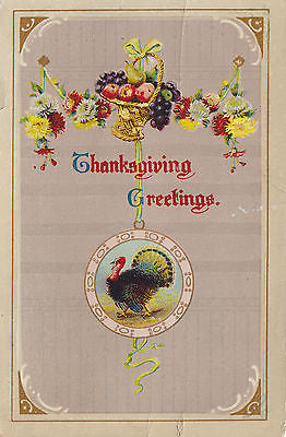 Thanksgiving Greetings Fruit Basket Flowers Turkey Holiday Postcard - Cakcollectibles - 1