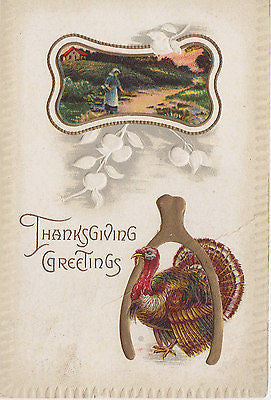 Thanksgiving Greetings Gold Wishbone Turkey Holiday Postcard - Cakcollectibles - 1
