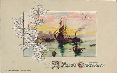 A Merry Christmas Holly Branch Embossed John Winsch Postcard - Cakcollectibles