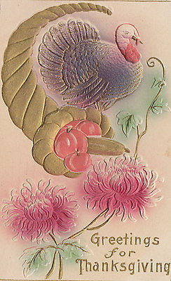 Greetings For Thanksgiving Cornacopia Turkey Flowers Postcard - Cakcollectibles - 1