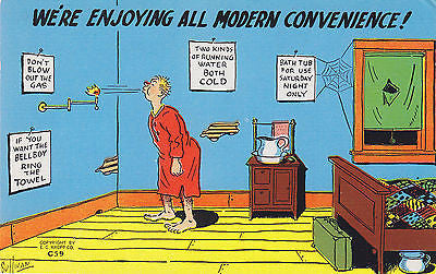 We're Enjoying All Modern Convenience ! Linen Comic Postcard - Cakcollectibles - 1