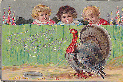 Thanksgiving Greetings Small Children With Turkey Postcard - Cakcollectibles - 1