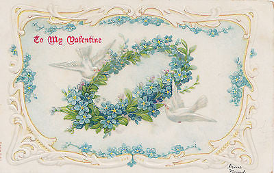 To My Valentine Doves Wreath Of Flowers Postcard - Cakcollectibles - 1