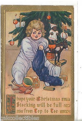 Christmas Post Card-Girl with Stocking-Marion Miller - Cakcollectibles - 1