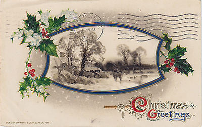 "Christmas Greetings" Holly Scene John Winsch Postcard - Cakcollectibles - 1