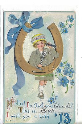Lucky '13 New Year Post Card-Girl on Phone and Horseshoe 1912 - Cakcollectibles