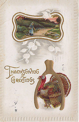 Thanksgiving Greetings Turkey Wishbone Girl Walking On Country Path Postcard - Cakcollectibles - 1