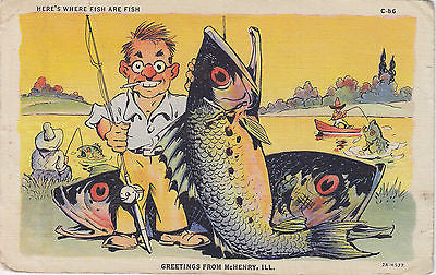 "Here's Where Fish Are Fish" Linen Comic Postcard - Cakcollectibles - 1