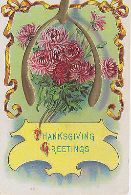Thanksgiving Greetings Fall Blooms Gold Ribbon Holiday Postcard - Cakcollectibles - 1