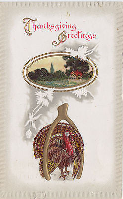 Thanksgiving Greetings Turkey Wishbone Cottage Scene Postcard - Cakcollectibles - 1