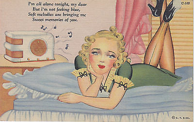 "I'm All Alone Tonight" Linen Comic Postcard - Cakcollectibles - 1