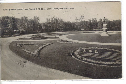 Burns Statue and Flower Beds in City Park-Denver,Colorado 1916 Post Card - 1