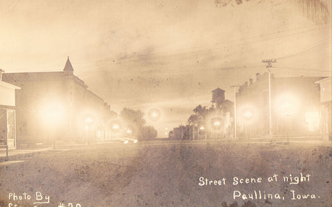 Real Photo Postcard Street Scene at Night - Paullina,Iowa