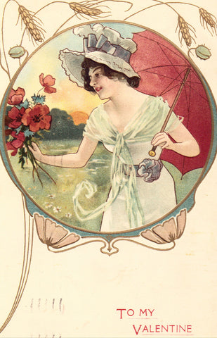 To My Valentine - Woman with Umbrella Old Postcard