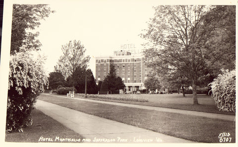 Hotel Monticello and Jefferson Park - Longview,Washington.Photo postcard front