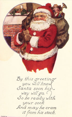 Christmas Postcard Front - Santa with Bag of Toys