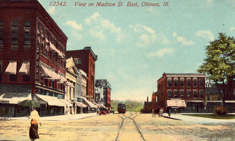 View on Madison Street East - Ottawa,Illinois.Old postcard front for sale