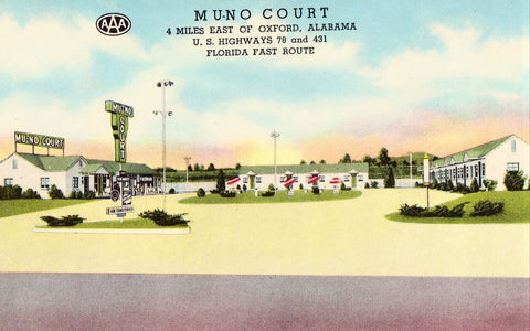 Vintage postcard front.Mu-No Court - Oxford,Alabama