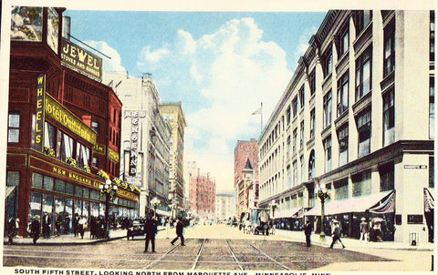 Old postcard front view.South Fifth Street,Looking North from Marquette Avenue - Minneapolis,Minnesota