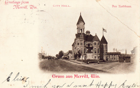 Old postcard front view.City Hall - Greetings from Merrill,Wisconsin