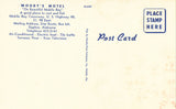 Back view of vintage postcard.Woody's Motel - Daphne,Alabama