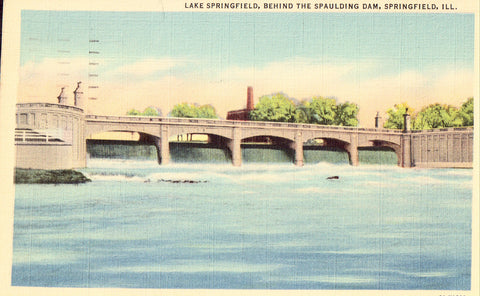 Linen postcard front.Lake Springfield,Behind The Spaulding Dam - Springfield,Illinois