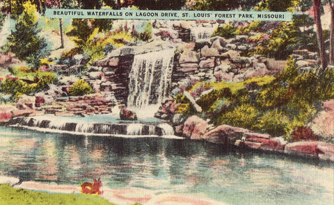 Linen postcard front Waterfalls on Lagoon Drive - St. Louis' Forest Park - Missouri