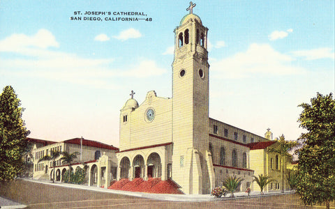 Linen postcard front St. Joseph's Cathedral - San Diego,California