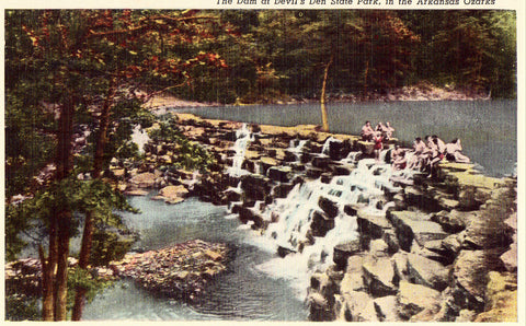 Linen postcard front The Dam at Devil's Den State Park in The Arkansas Ozarks