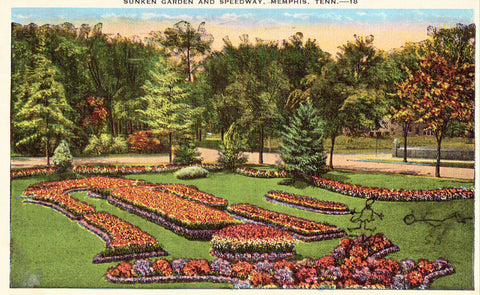 Linen postcard front Sunken Garden and Speedway - Memphis,Tennessee
