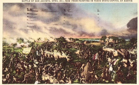 Linen postcard front Battle of San Jacinto from Painting in Texas State Capitol at Austin