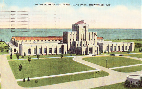 Linen postcard front Water Purification Plant,Lake Park - Milwaukee,Wisconsin