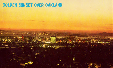 Vintage Postcard Front - Golden Sunset over Oakland,California