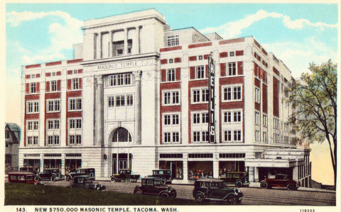 Vintage postcard front New $750,00 Masonic Temple in Tacoma,Washington