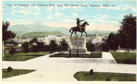 Vintage postcard front View of Trinidad and Fisher's Peak from Kit Carson Park - Trinidad,Colorado