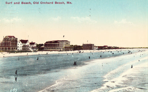 Old postcard front.Surf and Beach - Old Orchard,Maine
