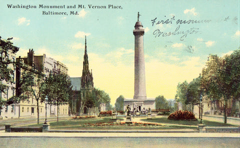 Washington Monument and Mt. Vernon Place - Baltimore,Maryland.Vintage postcard front
