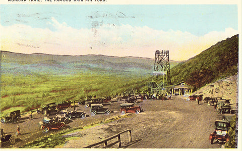 Vintage postcard front.The Famous Hair Pin Turn on Mohawk Trail - Massachusetts
