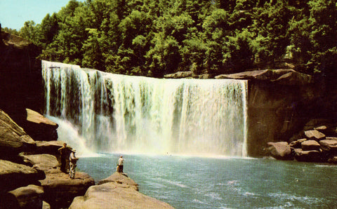 Vintage postcard front.Fishing below Cumberland Falls,Cumberland Falls State Park - Kentucky
