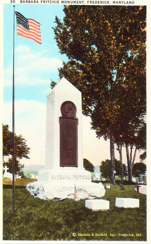 Vintage postcard front.Barbara Fritchie Monument - Frederick,Maryland