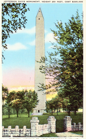 Linen postcard front.Jefferson Davis Monument  near Hopkinsville,Kentucky