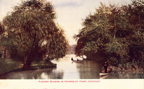 Vintage postcard front.Fishing Season in Humboldt Park - Chicago,Illinois