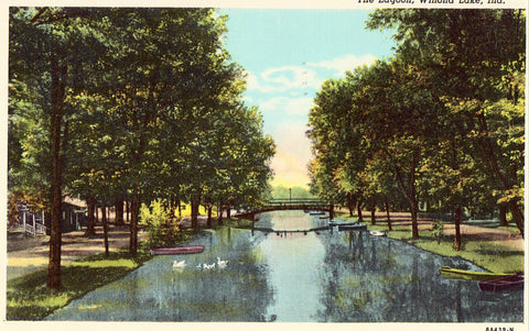 Vintage postcard front.The Lagoon - Winona Lake - Indiana