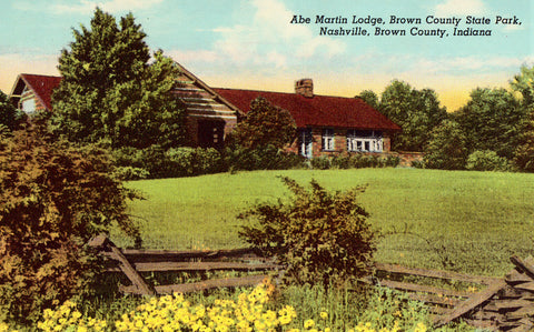 Vintage postcard front. Abe Martin Lodge,Brown County State Park - Nashville,Brown County,Indiana