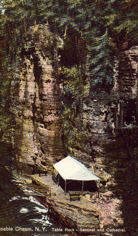 Vintage postcard front.Sentinel and Cathedral,Table Rock - Ausable Chasm,New York