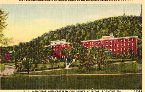 Linen postcard front. Memorial and Crippled Children's Hospital - Roanoke,Virginia