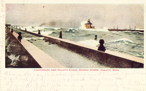 Lighthouse and Duluth Canal During Storm - Duluth,Minnesota. Vintage postcard front
