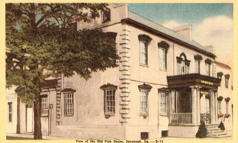 Linen postcard front. View of The Old Pink House - Savannah,Georgia