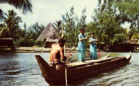 Vintage postcard front. Tongan Dancers on War Canoe in The Pagaent of Long Canoes - Polynesian Cultural Center