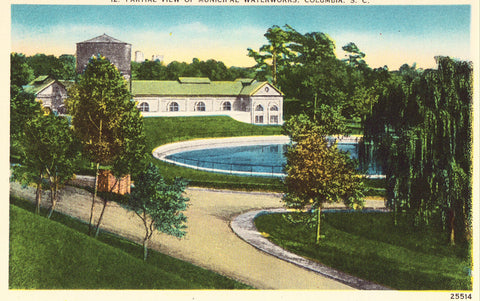 Linen postcard front. Partial View of Municipal Waterworks - Columbia,South Carolina